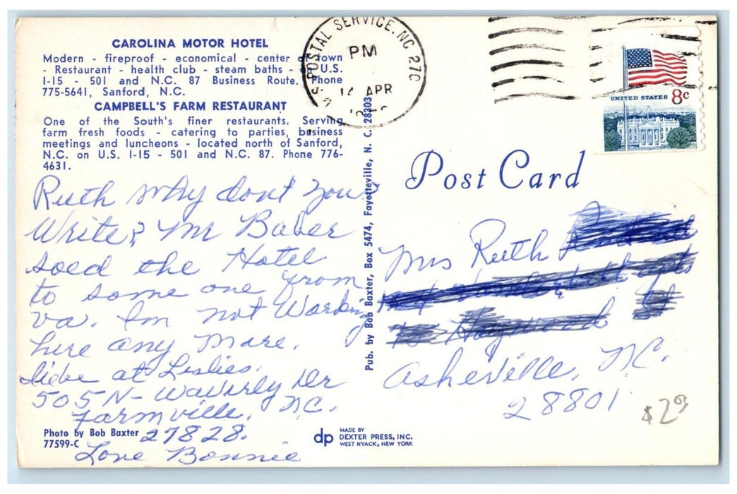 Carolina Motor Hotel Campbell's Farm Restaurant Sanford NC Dual View Postcard
