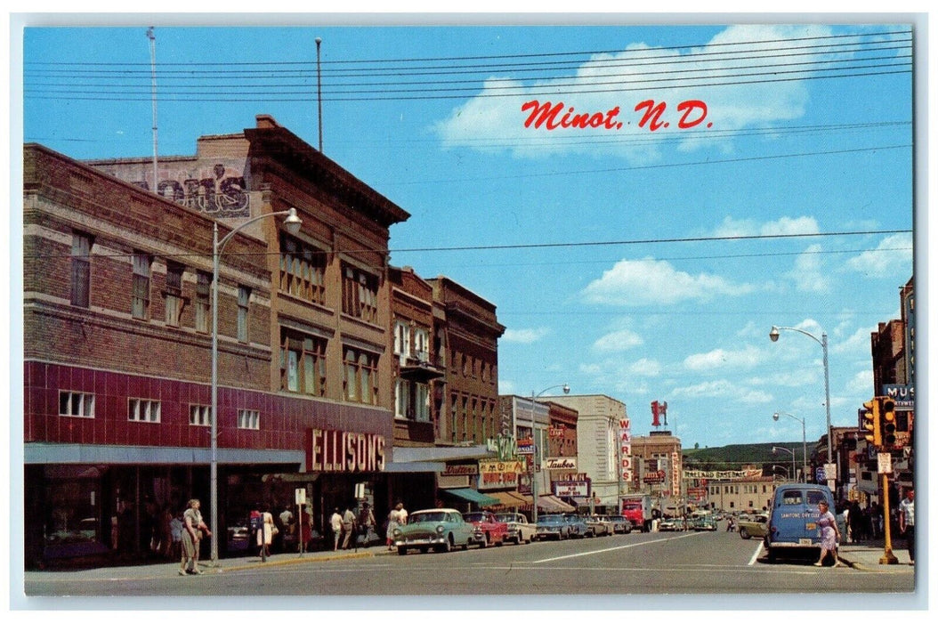 c1950's View Of Main Street Ellisons Cars Minot North Dakota ND Vintage Postcard