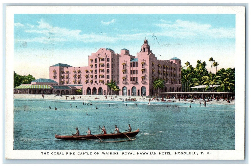 1929 Coral Pink Castle Waikiki Royal Hawaiian Hotel Honolulu Hawaii HI Postcard