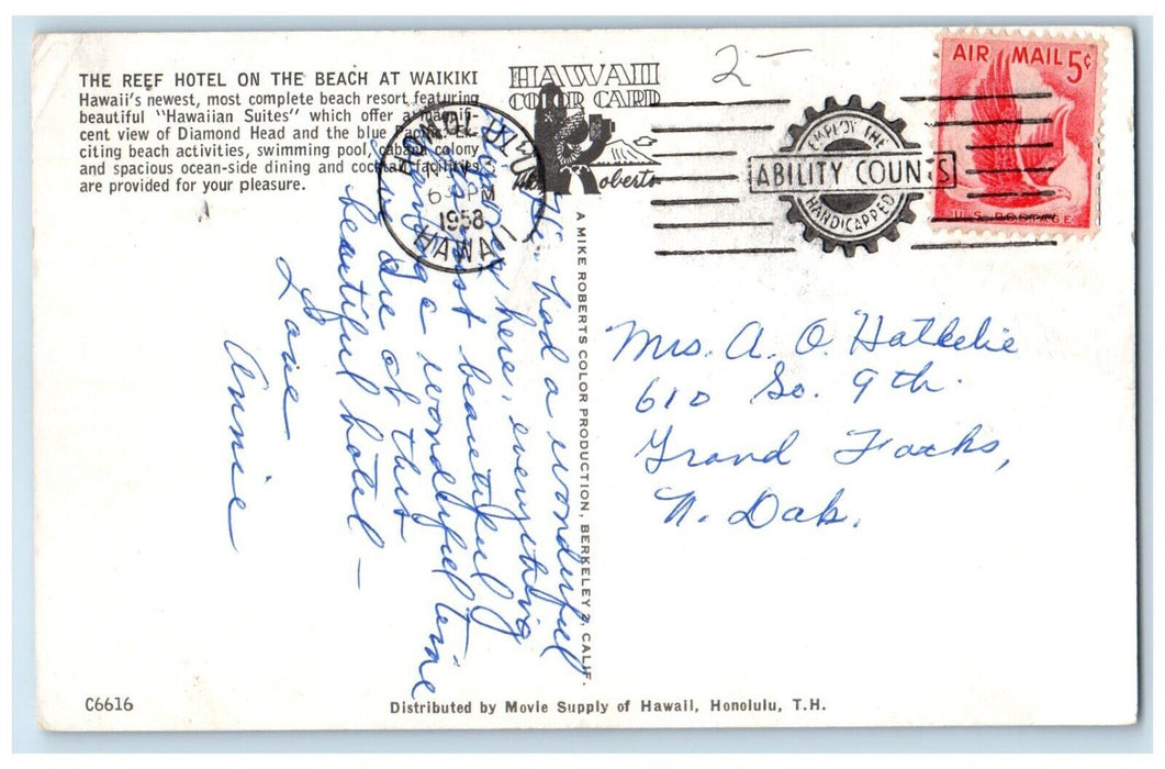 1958 Reef Hotel Beach Waikiki Hawaiian Suites Exterior Honolulu Hawaii Postcard