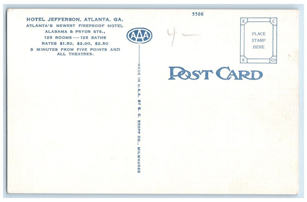 c1940 Lobby Mezzanine Lounge Jefferson Hotel Multiview Atlanta Georgia Postcard