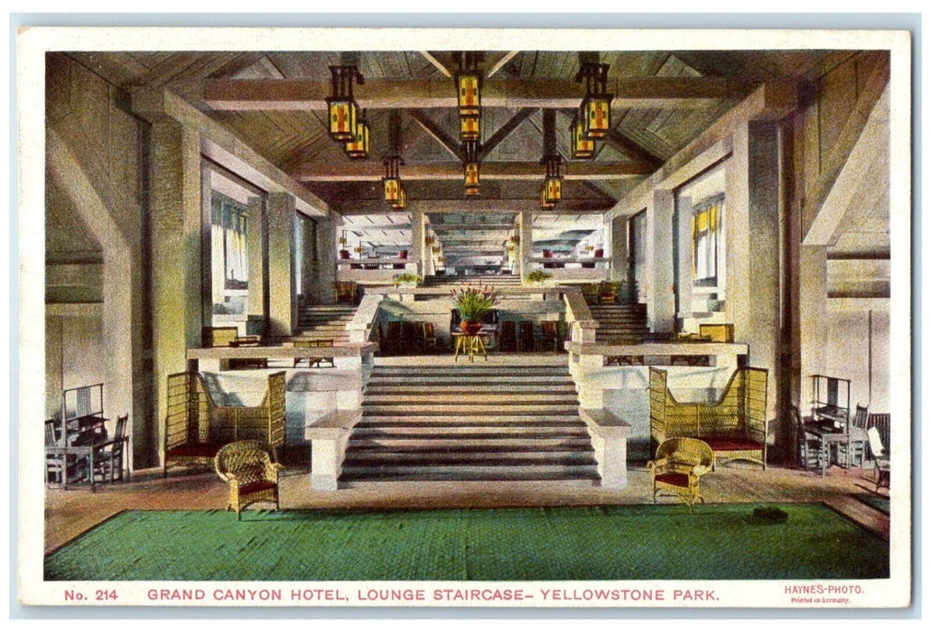 c1920 Grand Canyon Hotel Lounge Staircase Yellowstone Park Wyoming WY Postcard