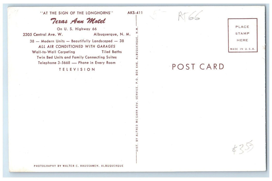 c1960's Texas Ann Motel Highway Central Ave. Albuquerque New Mexico Postcard