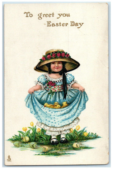 c1910's Easter Pretty Little Girl Floral Hat Chicks Tuck's Antique Postcard