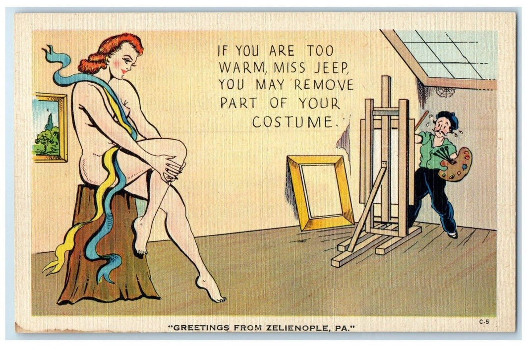 c1910's Greetings From Zelienople Pennsylvania PA, Painter Nude Woman Postcard