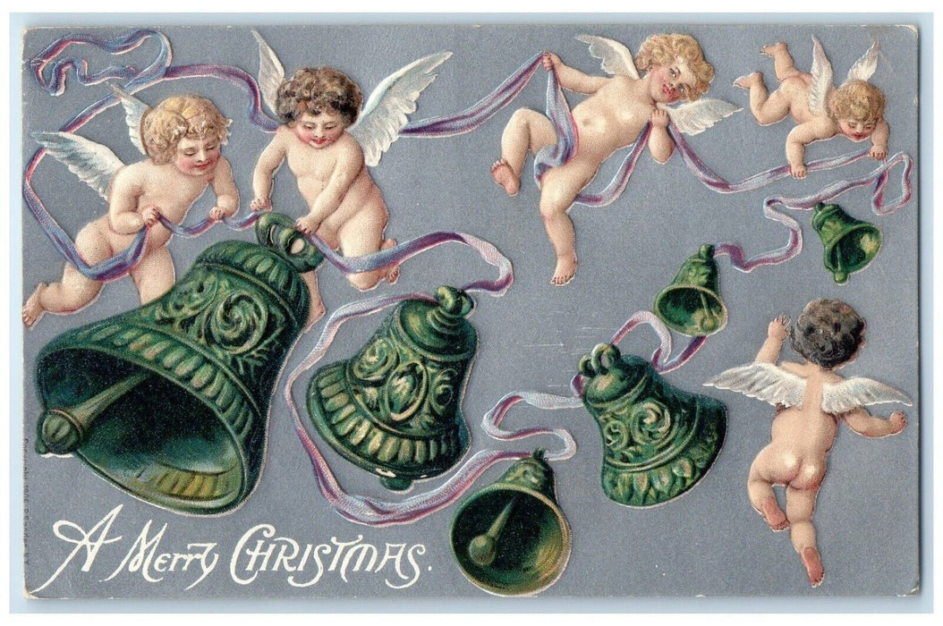 c1910's Christmas Floating Angels Ringing Bells Embossed Antique Postcard