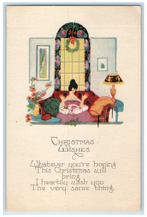 c1910's Christmas Wishes Woman With Gifts Art Deco Posted Antique Postcard