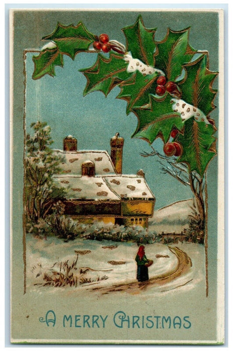 c1910's Merry Christmas House Winter Scene Holly Berries Embossed  Postcard