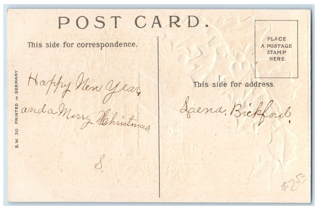 c1910's Merry Christmas House Winter Scene Holly Berries Embossed  Postcard