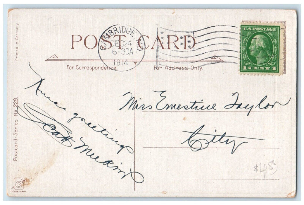 1914 Christmas Greetings Boy Holly Berries Cambridge Maryland MD Posted Postcard