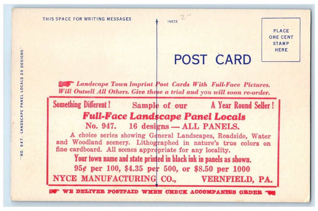 c1940 Greetings From Full-Face Landscape Panel Vernfield Pennsylvania Postcard