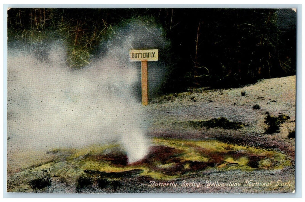 c1910 Butterfly Spring Signage Steam Yellowstone National Park Wyoming Postcard