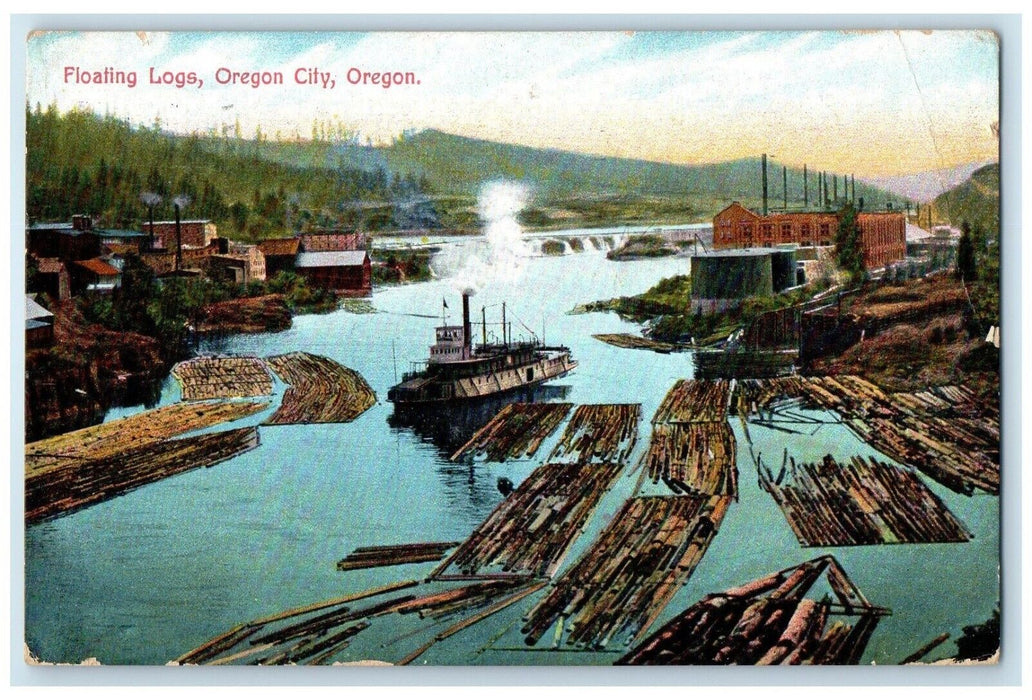 1909 Floating Logs Steamer Canal River Lake Exterior Oregon City Oregon Postcard