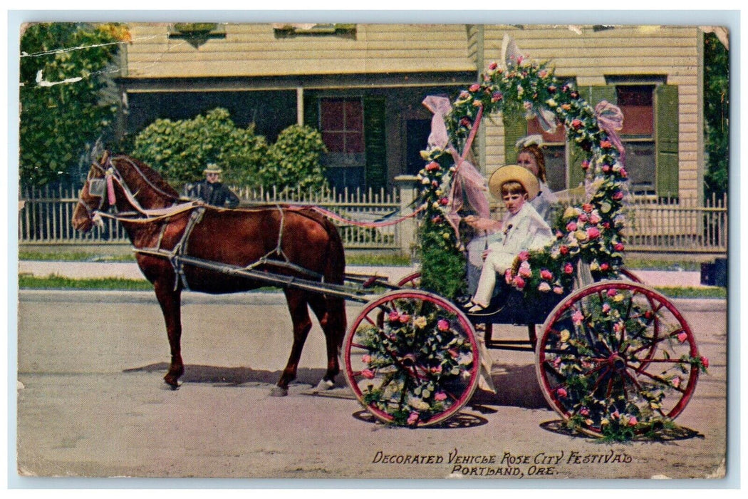 1910 Decorated Vehicle Rose City Festival Horse Portland Oregon Vintage Postcard