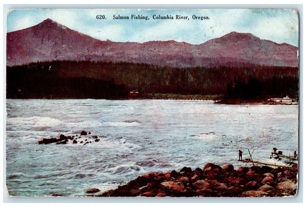 1908 Salmon Fishing Mountain Lake Columbia River Oregon Vintage Antique Postcard