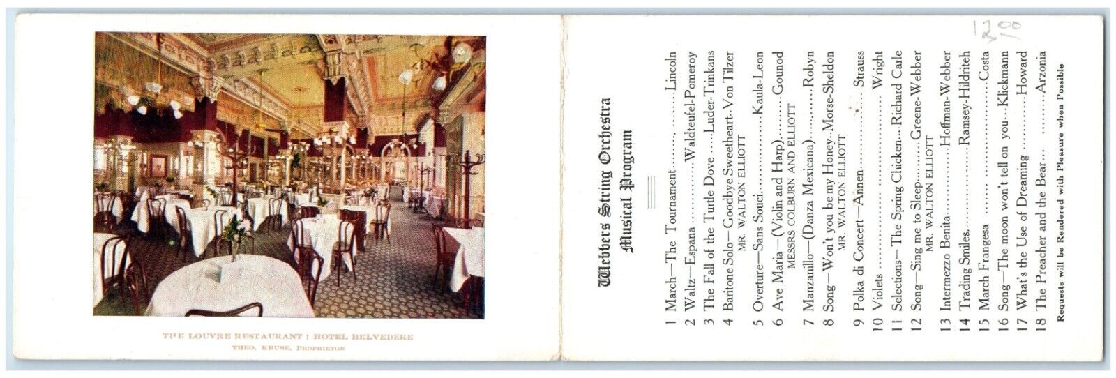c1908 Webbers String Orchestra Musical Program Hotel Belbedere Oregon Postcard