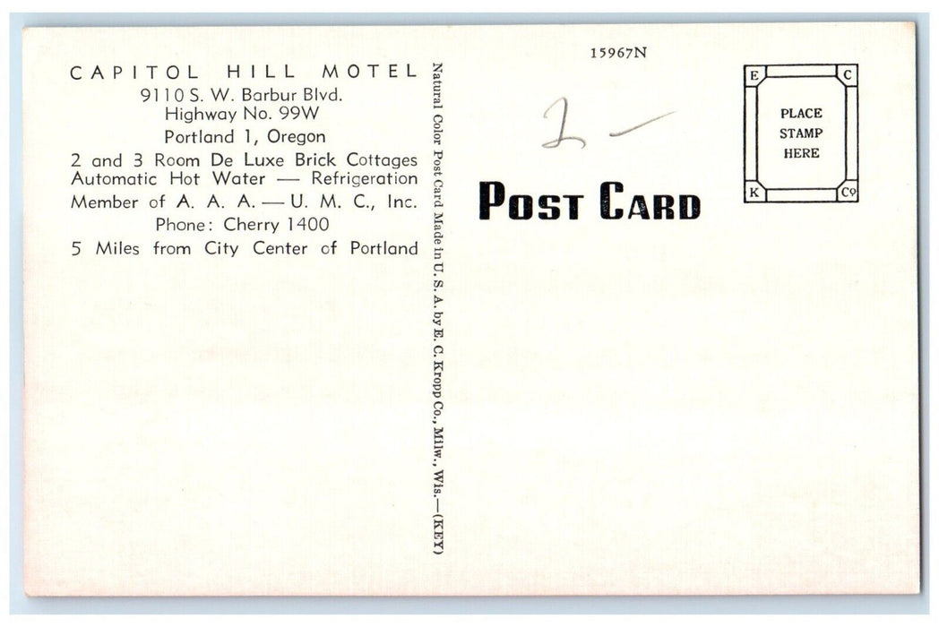 c1940 Capitol Hill Motel Barbur Blvd. Exterior Building Portland Oregon Postcard