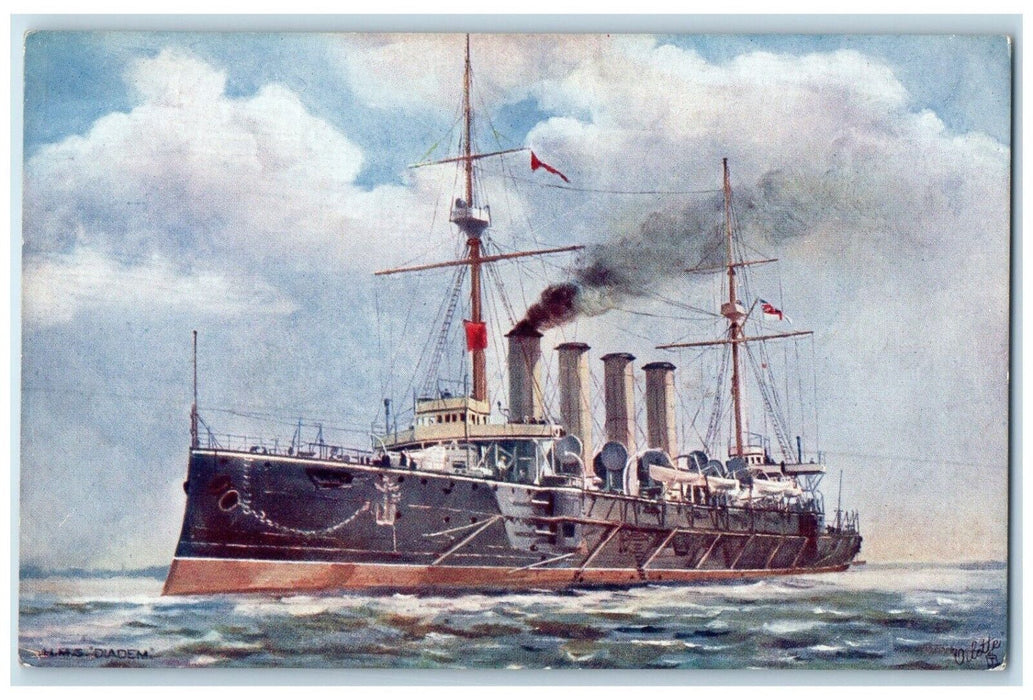 c1910 Scene H M S Diadem Cruiser Steamer Ship Oilette Raphael Tuck Sons Postcard