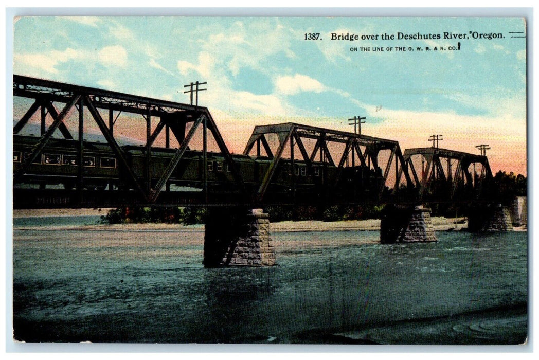 c1910 Bridge Over Deschutes River Locomotive Train Bridge Lake Oregon Postcard