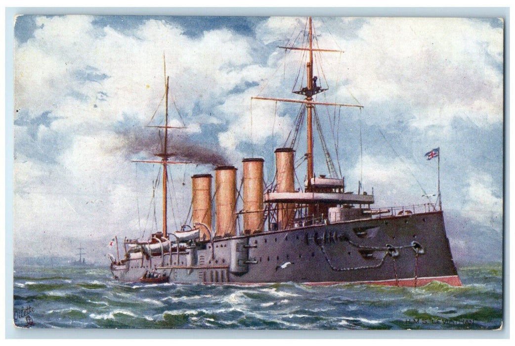 c1910 H. M. S. Leviathan Battle Cruiser Steamer Ship Raphael Tuck Sons Postcard