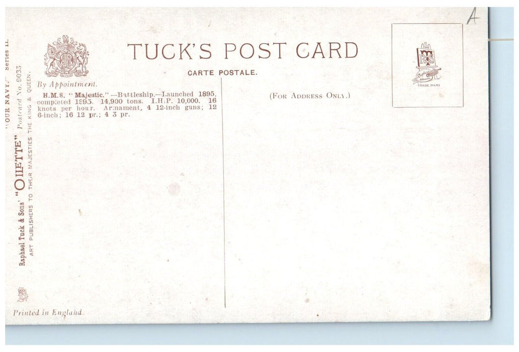 c1910 H. M. S. Majestic Battleship Steamer Oilette Raphael Tuck & Son Postcard