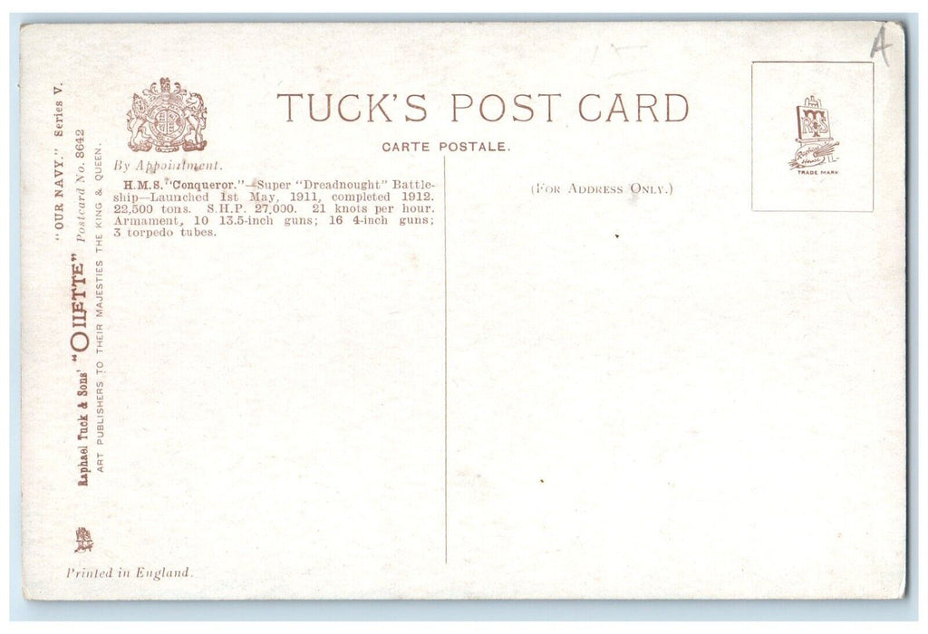 1910 H. M. S. Conqueror Super Dreadnought Battleship Raphael Tuck & Son Postcard