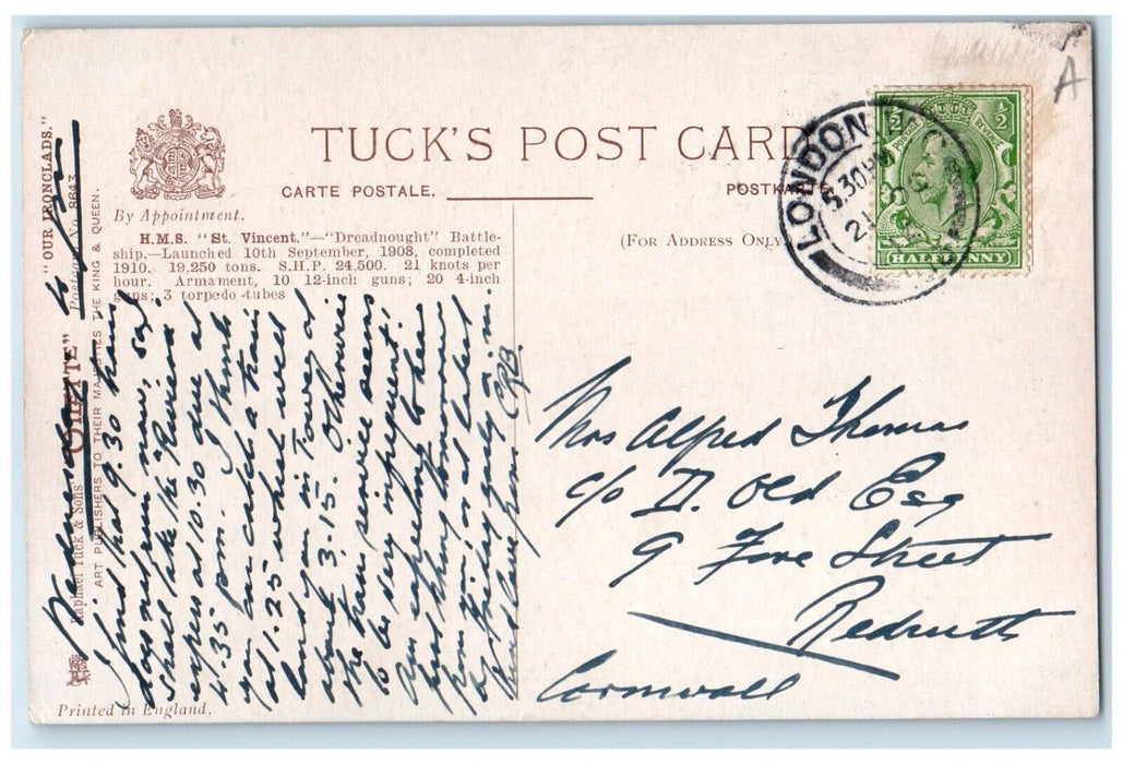 1910 View H. M. S. St Vincent Dreadnought Battle Ship Raphael Tuck Sons Postcard