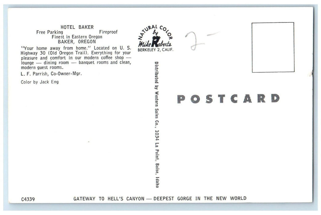 c1960 Hotel Baker Home Away From Home Exterior Building Baker Oregon OR Postcard