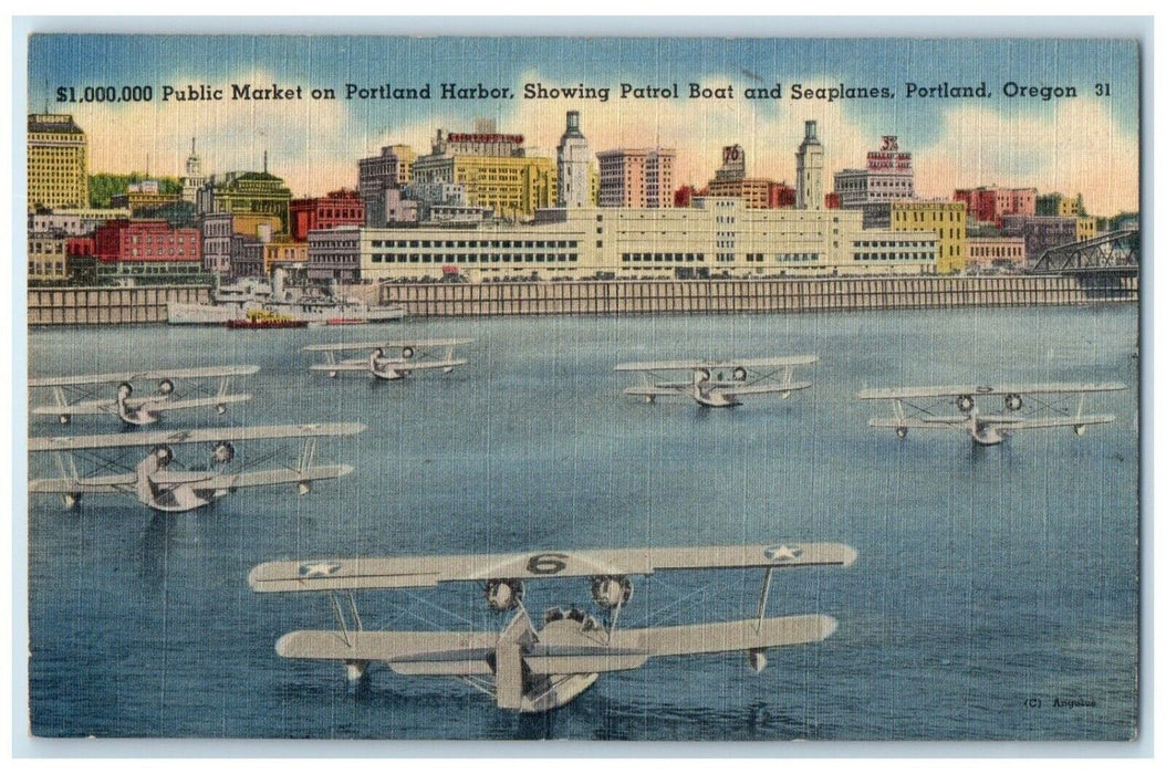c1940 Public Market Portland Harbor Patrol Seaplanes Portland Oregon OR Postcard