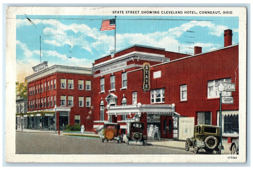 1937 State Street Showing Cleveland Hotel Building Conneaut Ohio Posted Postcard