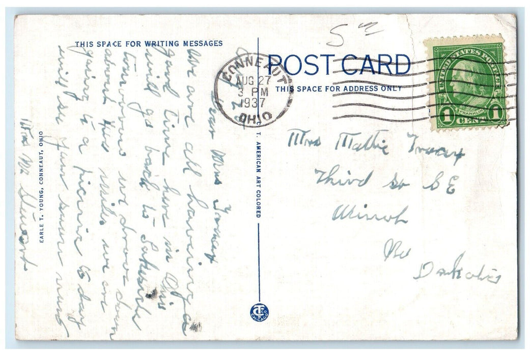 1937 State Street Showing Cleveland Hotel Building Conneaut Ohio Posted Postcard