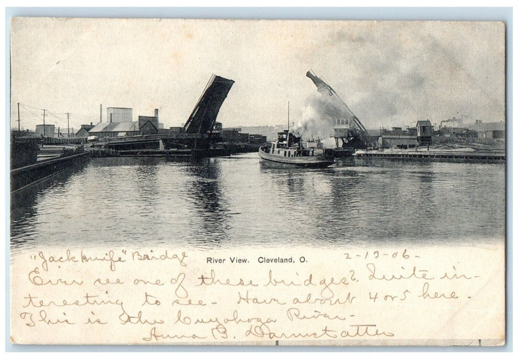 1905 Scene Steamer Cruise Ship Bridge River View Cleveland Ohio Vintage Postcard