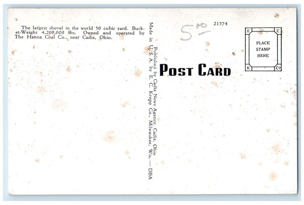 c1940 Marion Groundhog Largest Shovel World Near Cadiz Ohio OH Unposted Postcard