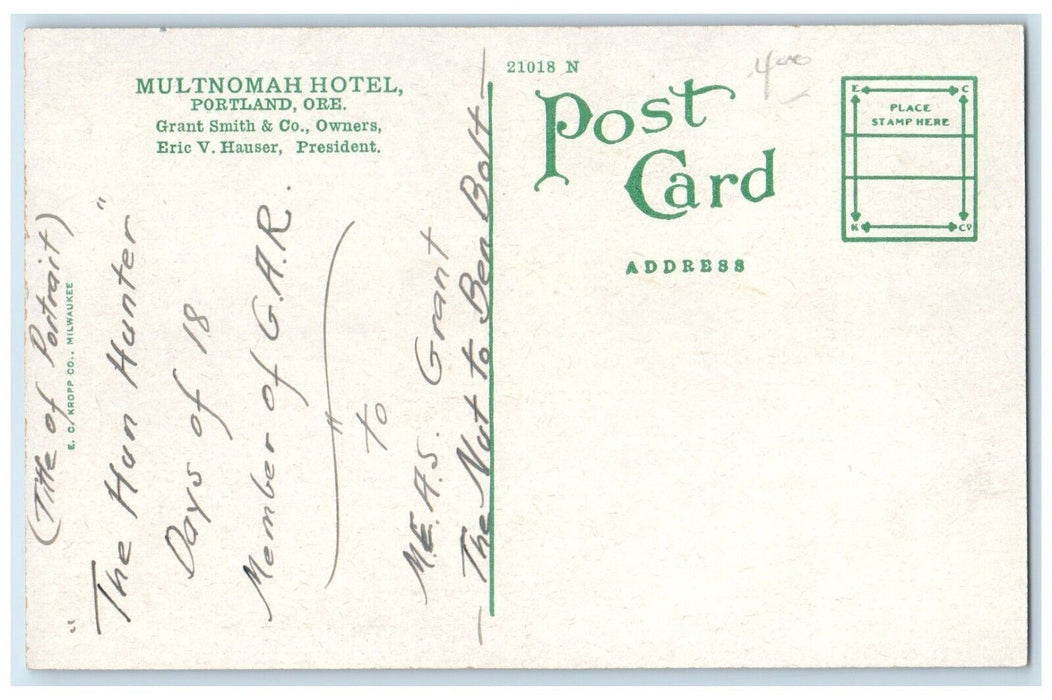 c1910 Multnomah Hotel Classic Cars Street Road Portland Oregon Vintage Postcard