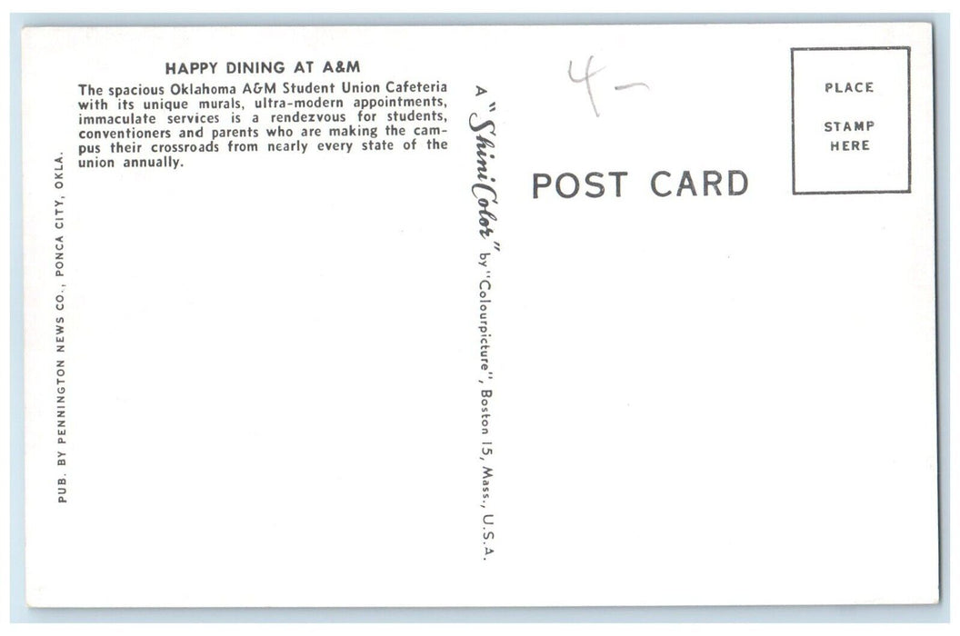 c1940 Student Union Cafeteria Oklahoma College Stillwater Oklahoma OK Postcard