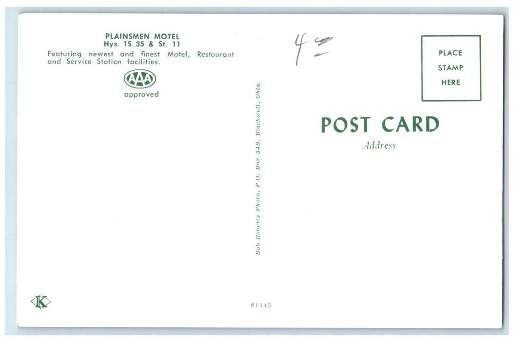 c1960 Plainsmen Motel Restaurant Service Station Facilities Oklahoma OK Postcard