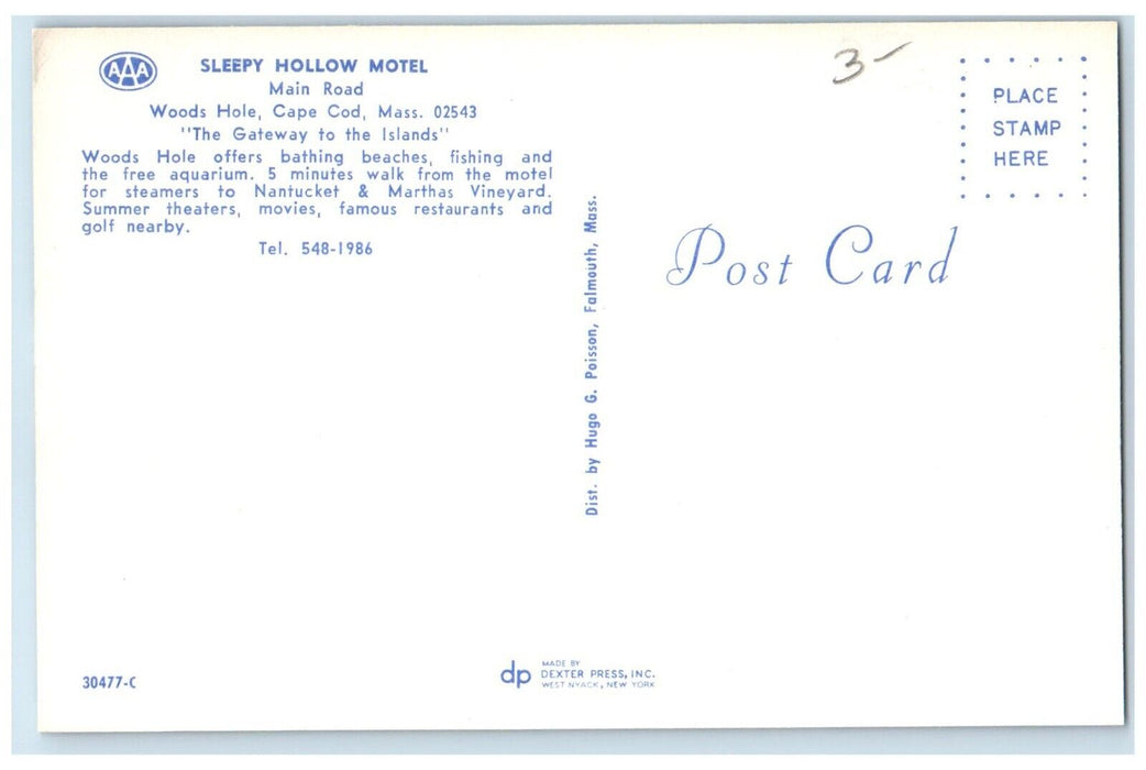 c1960 Sleepy Hollow Motel Woods Hole Exterior Cape Cod Massachusetts MA Postcard