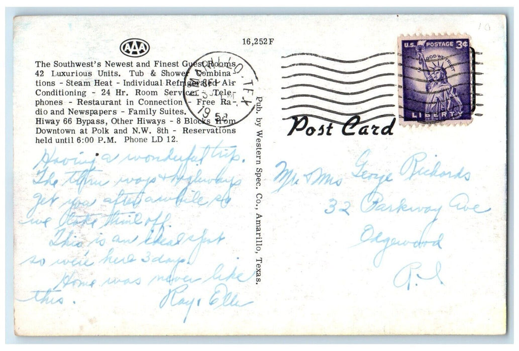 1952 Farrell Manor Motel Downtown Highway Exterior Block Amarillo Texas Postcard