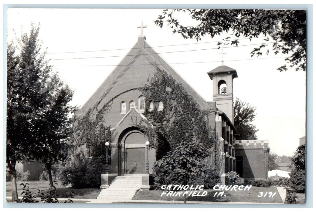 1945 Catholic Church Bell Tower Fairfield Iowa IA RPPC Photo Vintage Postcard