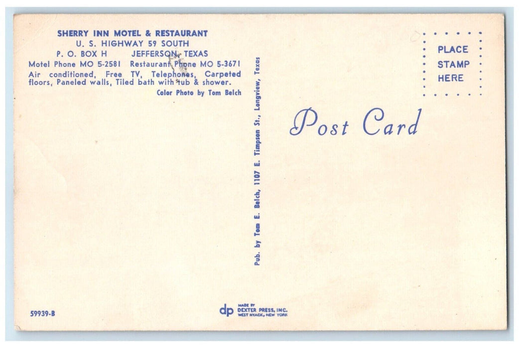 1940 Sherry Inn Motel Restaurant Highway South Exterior Jefferson Texas Postcard