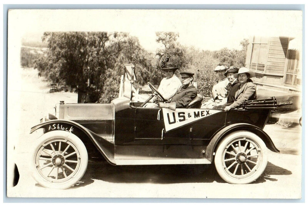 c1910's US Mexico Border Tourist Car Pennant Border RPPC Photo Antique Postcard