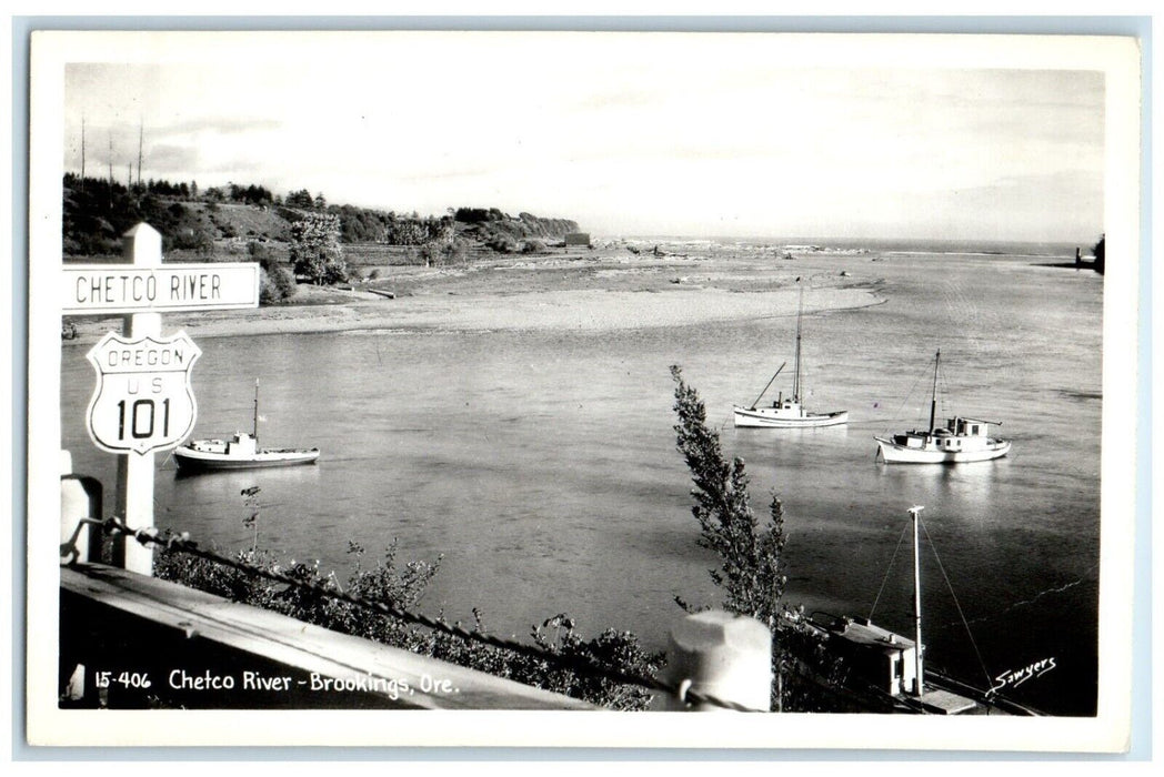 c1940's Chetco River Boats Brookings Oregon OR Sawyers RPPC Photo Postcard