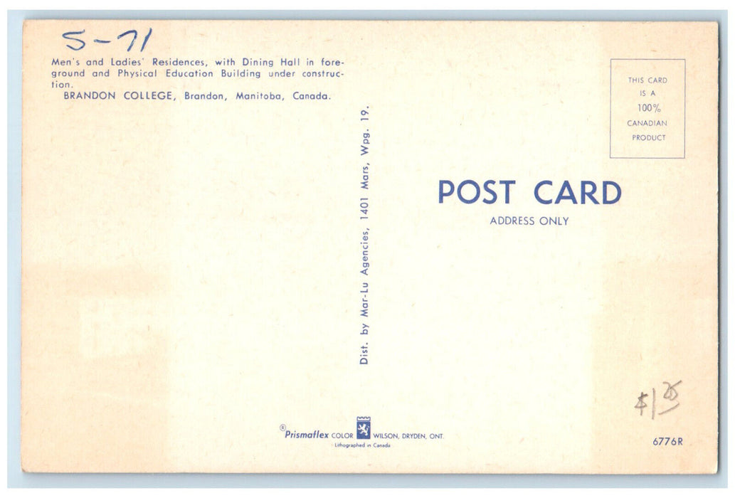 c1950's Men's and Ladies Residences Brandon College Manitoba Canada Postcard