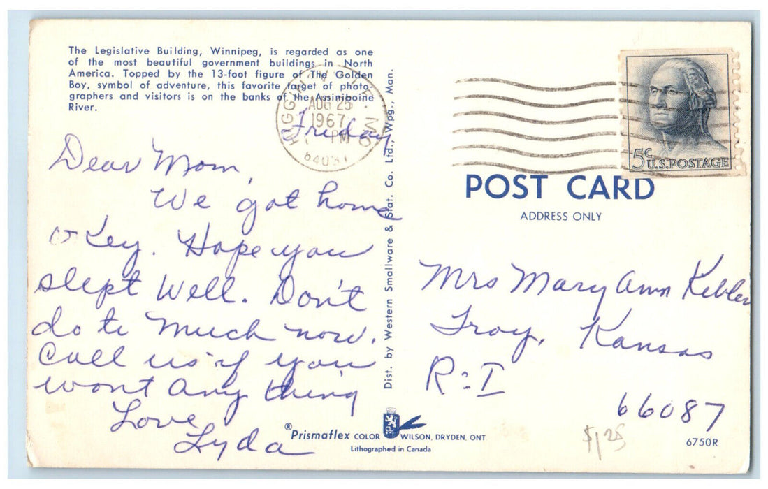 1967 Legislative Building Winnipeg Manitoba Canada Posted Vintage Postcard