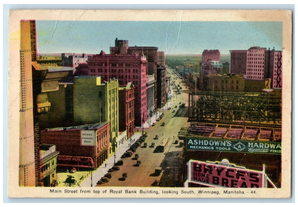 1950 Main Street from Top of Royal Bank Building Winnipeg Canada Postcard