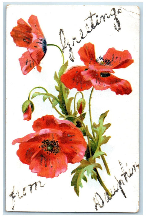 c1910 Greetings from Dauphin Canada Glitters Tuck Art Floral Glitters Postcard