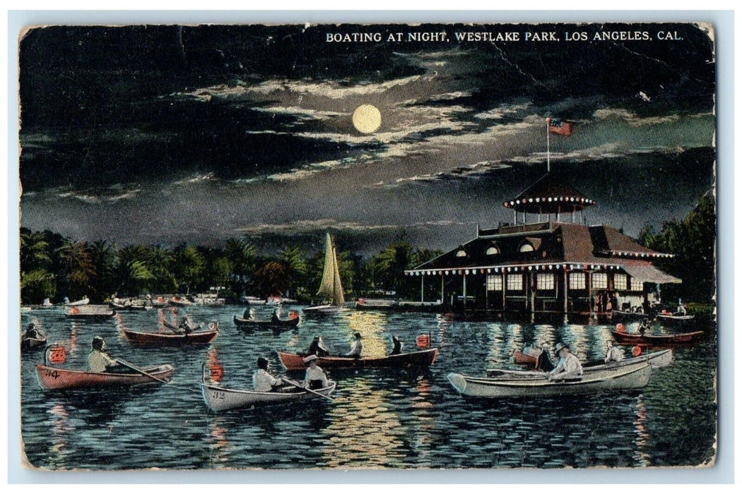 1920 Moonlight Boating Night Westlake Park Los Angeles California CA Postcard