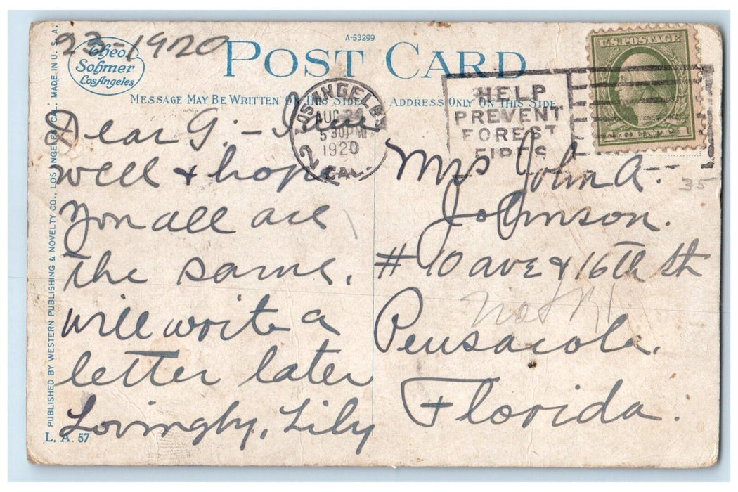 1920 Moonlight Boating Night Westlake Park Los Angeles California CA Postcard