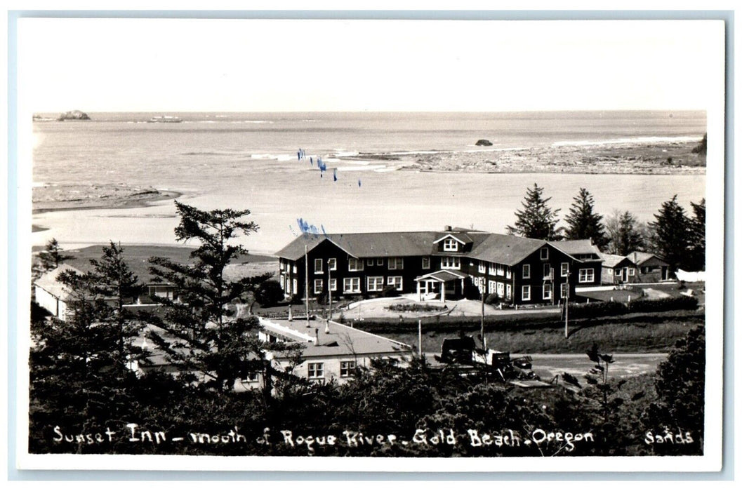 1942 Sunset Inn Mouth of Rogue River Gold Beach Oregon OR RPPC Photo Postcard