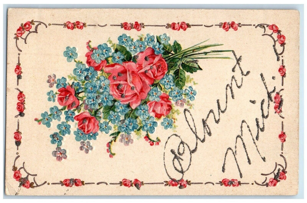 c1910 Flowers Leaves Embossed Glitter Blount Michigan Vintage Antique Postcard